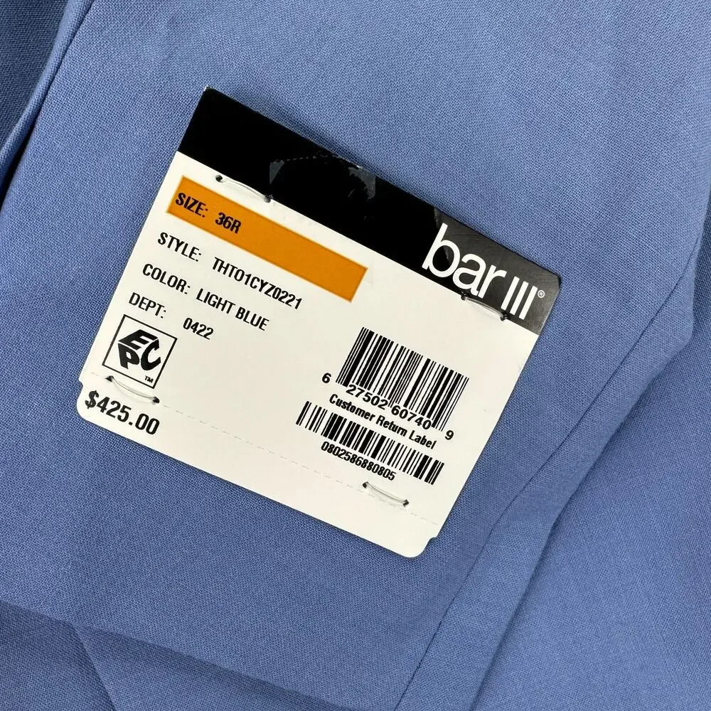 Bar III Mens Slim Fit Wool Blend Power Stretch Suit Jacket Light Blue 36R